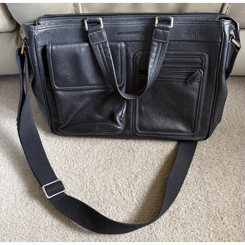 Johnston & Murphy Black Leather Flapped Briefcase Messenger Bag